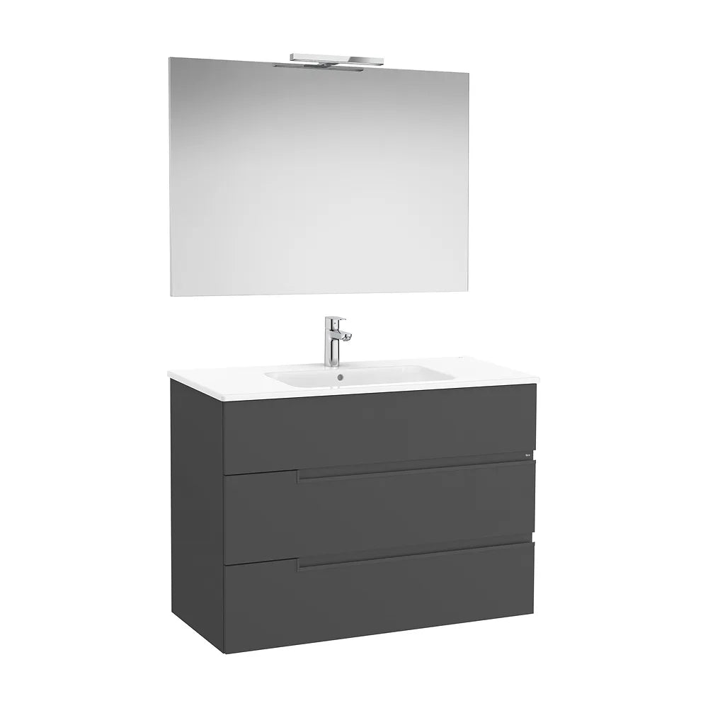 Pack mueble base tres cajones lavabo porcelana espejo aplique LED 100x46x75 cm Roca - Vista 2