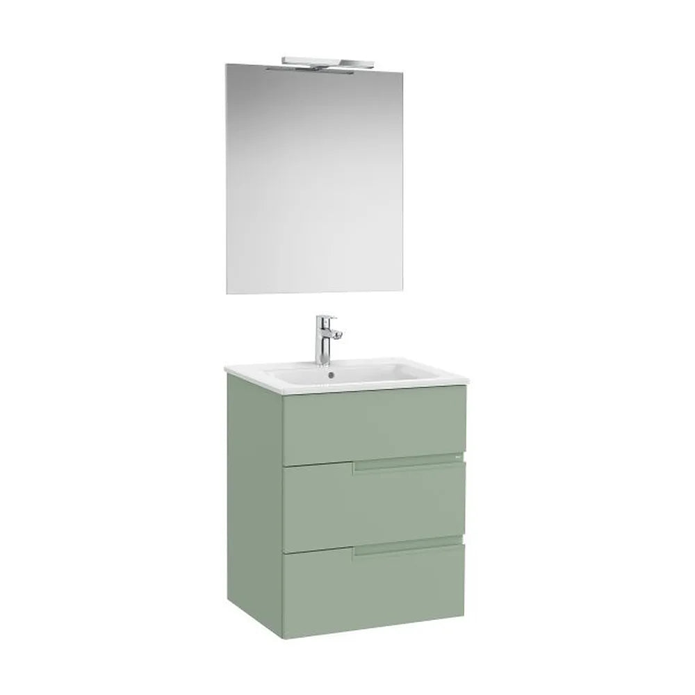 Pack mueble base tres cajones lavabo porcelana espejo aplique LED 60x46x75 cm Roca - Vista 1