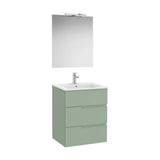 Pack mueble base tres cajones lavabo porcelana espejo aplique LED 60x46x75 cm Roca