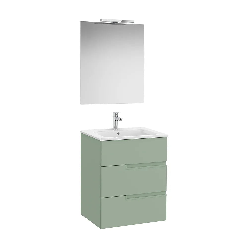 Pack mueble base tres cajones lavabo porcelana espejo aplique LED 60x46x75 cm Roca - Vista 2