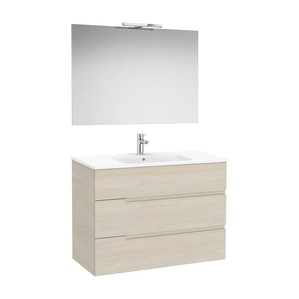 Pack mueble base tres cajones lavabo porcelana espejo aplique LED Starlight Fresno Roca - Vista 2