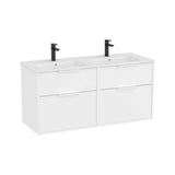 Mueble base suspendido con cuatro cajones y lavabo doble porcelana blanco mate 120x46x58 cm Roca
