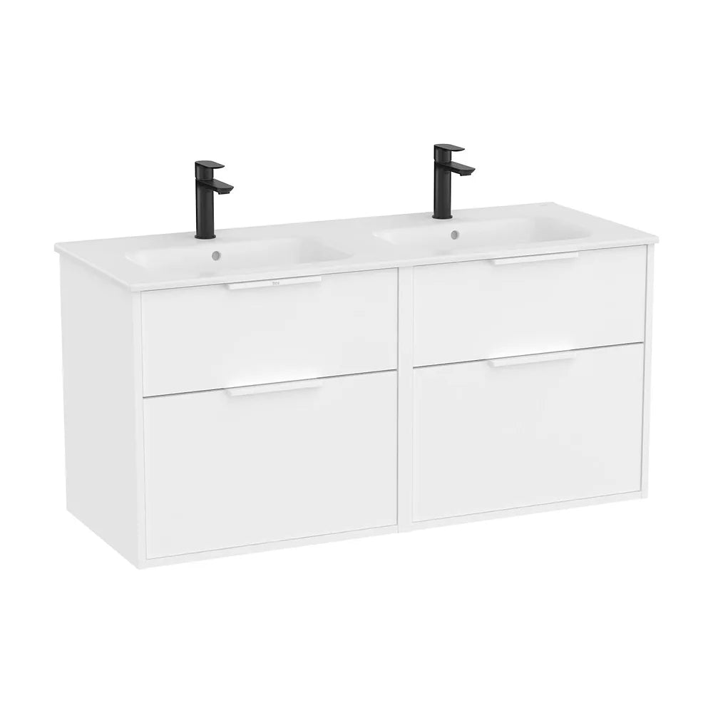 Mueble base suspendido con cuatro cajones y lavabo doble porcelana blanco mate 120x46x58 cm Roca - Vista 2