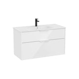 Mueble base compacto suspendido con dos cajones y lavabo porcelana blanco brillo Roca
