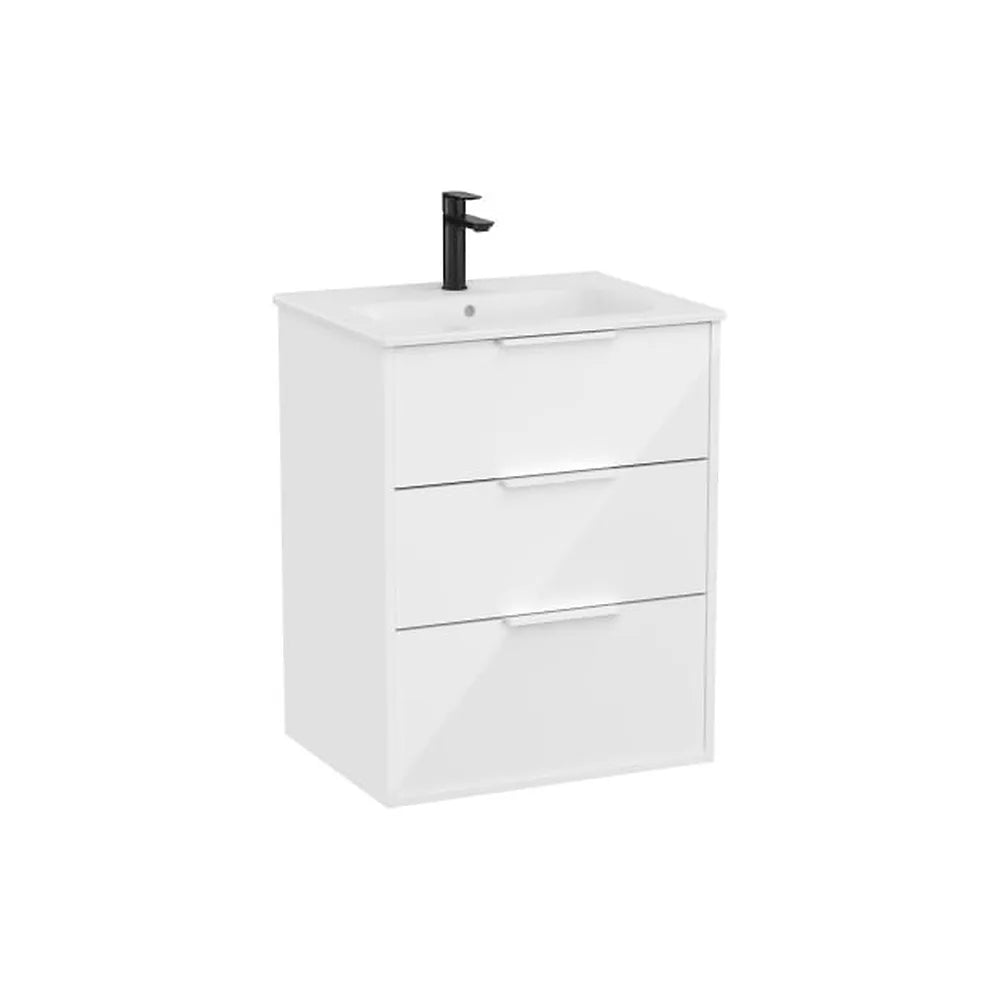 Mueble base suspendido con tres cajones y lavabo de porcelana blanco brillo Roca - Vista 1