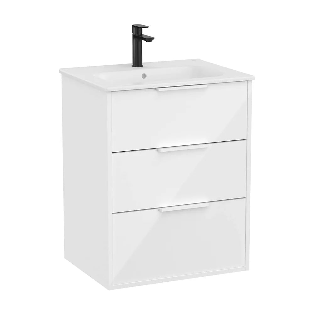 Mueble base suspendido con tres cajones y lavabo de porcelana blanco brillo Roca - Vista 2
