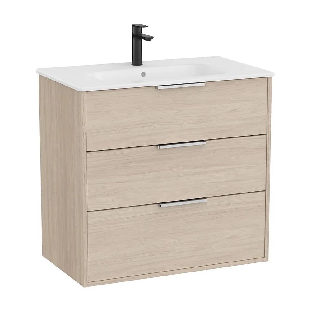 Mueble base suspendido con tres cajones y lavabo de porcelana 80x46x75 cm Roca - Vista 2