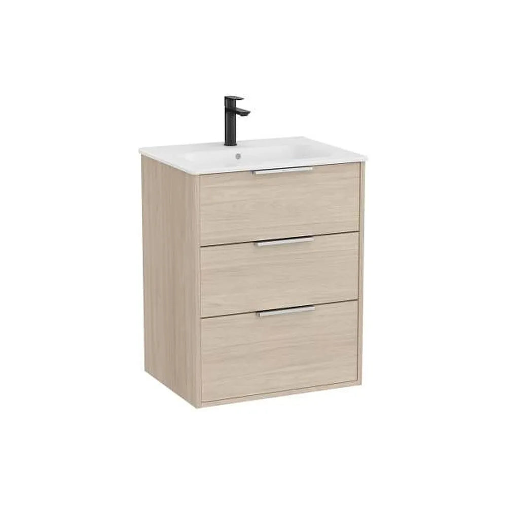 Mueble base suspendido con tres cajones y lavabo de porcelana 60x46x76 cm Roca - Vista 1