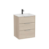 Meuble suspendu trois tiroirs avec vasque en porcelaine forme soft 76 x 60,5 x 46 cm finition frêne clair Roca