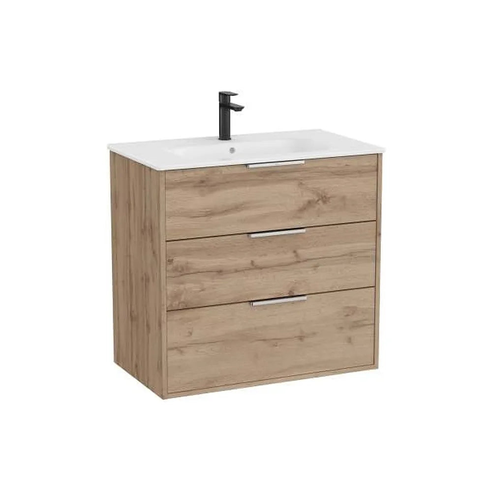 Mueble base suspendido con tres cajones y lavabo de porcelana 80x46x75 cm Nogal Roca - Vista 1
