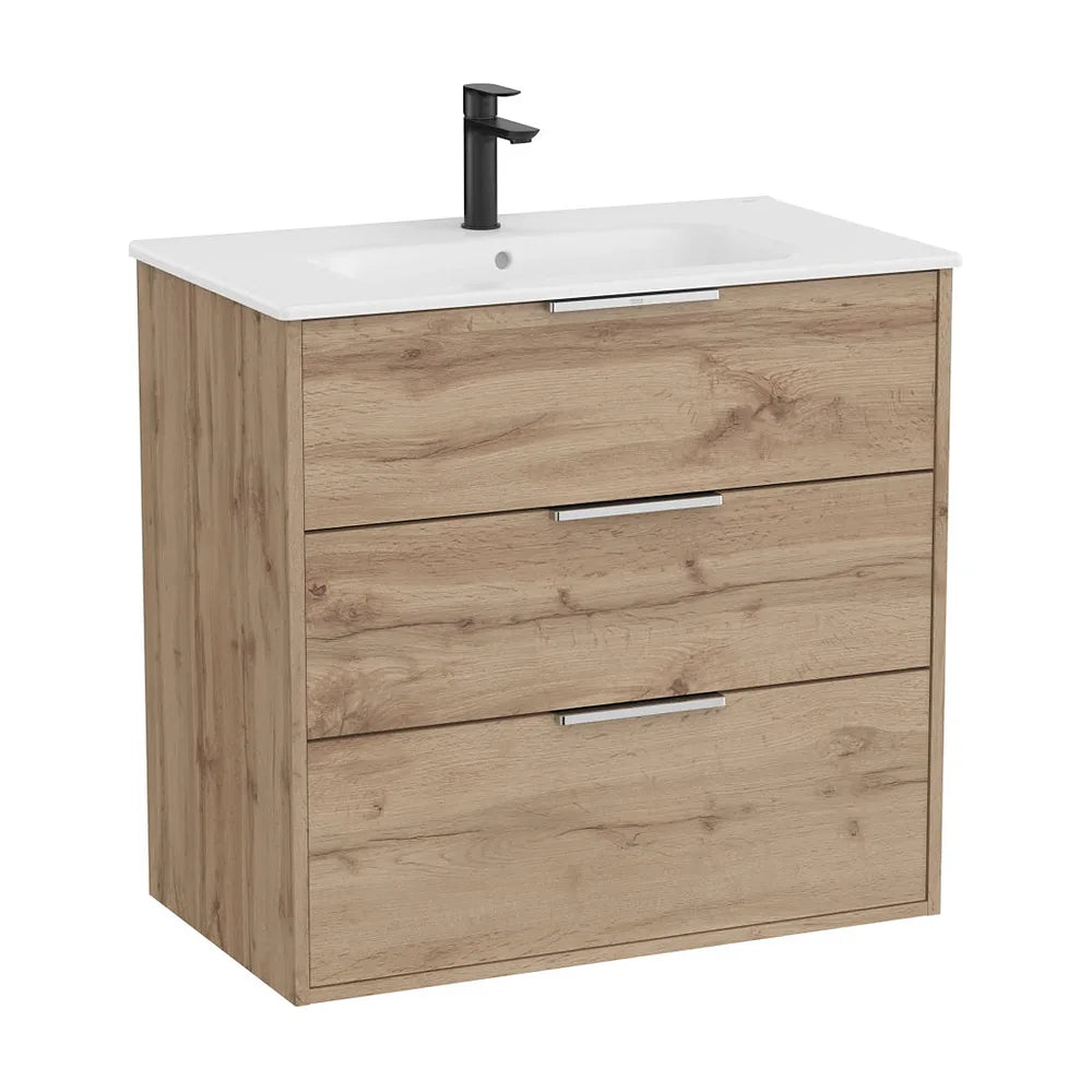Mueble base suspendido con tres cajones y lavabo de porcelana 80x46x75 cm Nogal Roca - Vista 2