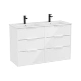 Mueble base suspendido seis cajones lavabo doble porcelana blanco brillo Roca