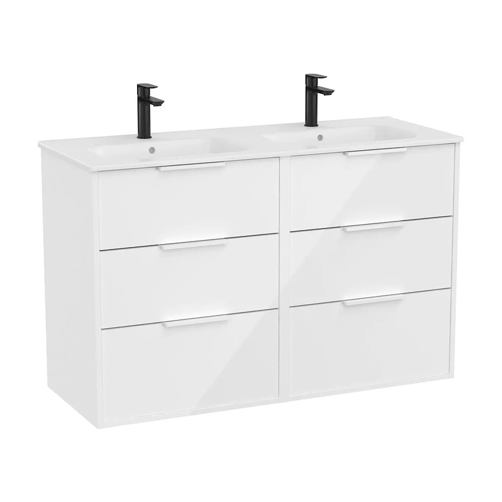 Mueble base suspendido seis cajones lavabo doble porcelana blanco brillo Roca - Vista 2