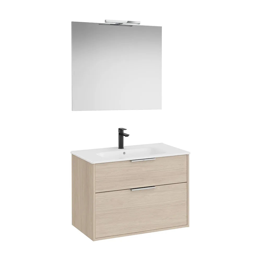 Pack mueble base compacto dos cajones lavabo porcelana espejo aplique led Starlight Roca - Vista 2