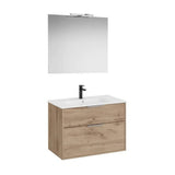 Pack mueble base compacto dos cajones lavabo porcelana espejo aplique led Starlight Roca