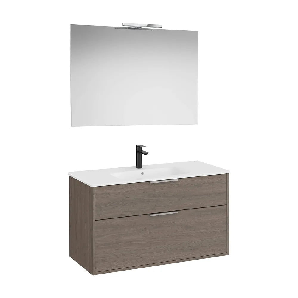 Pack mueble base compacto 2 cajones lavabo porcelana espejo led 100x80 cm Roca - Vista 2