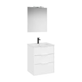 Pack mueble base compacto tres cajones lavabo porcelana espejo aplique led Roca