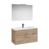 Pack mueble base compacto dos cajones lavabo porcelana espejo led aplique Starlight Roca