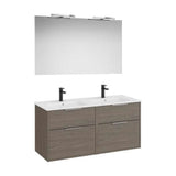 Pack mueble base cuatro cajones lavabo doble espejo aplique led Starlight Roble oscuro Roca