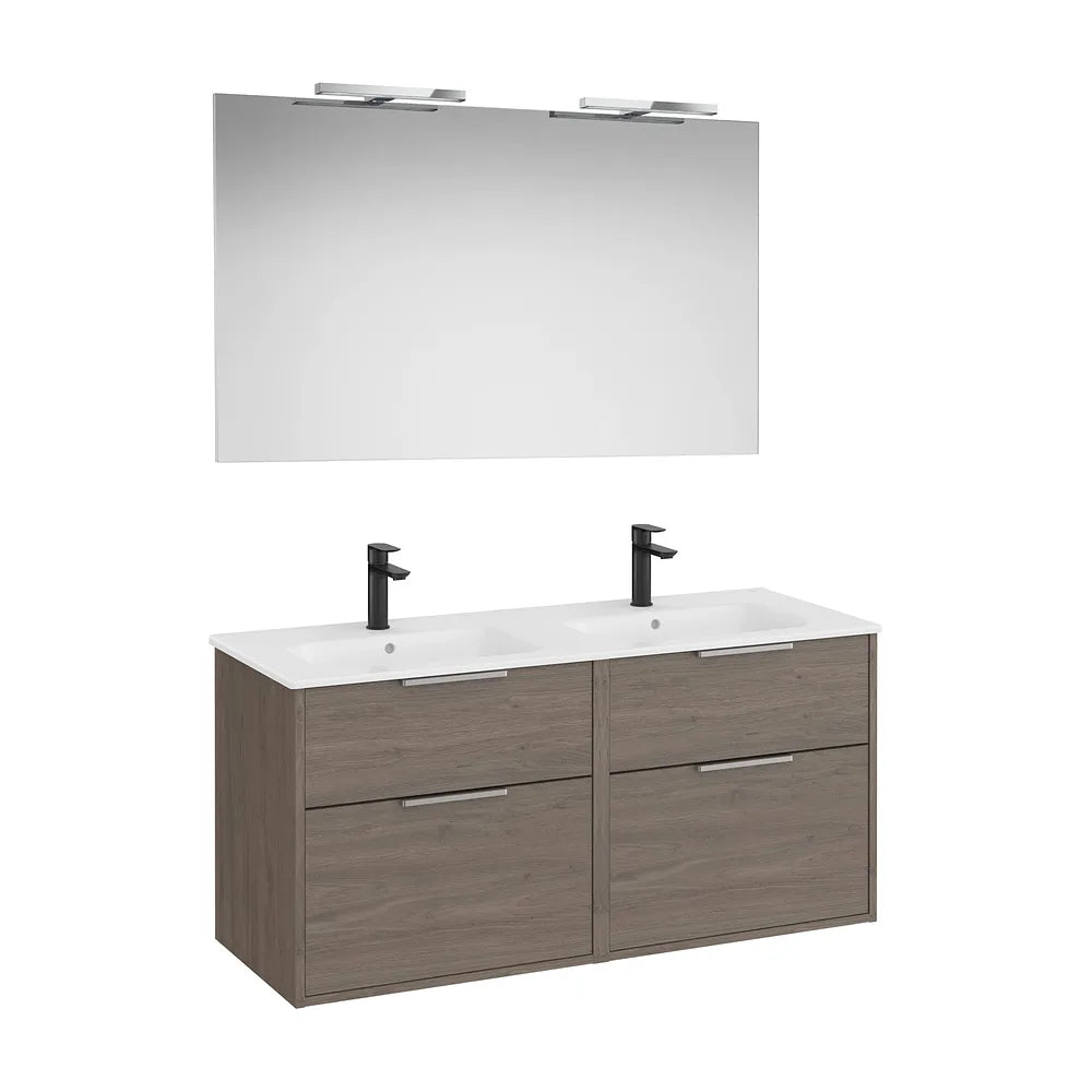 Pack mueble base cuatro cajones lavabo doble espejo aplique led Starlight Roble oscuro Roca - Vista 2