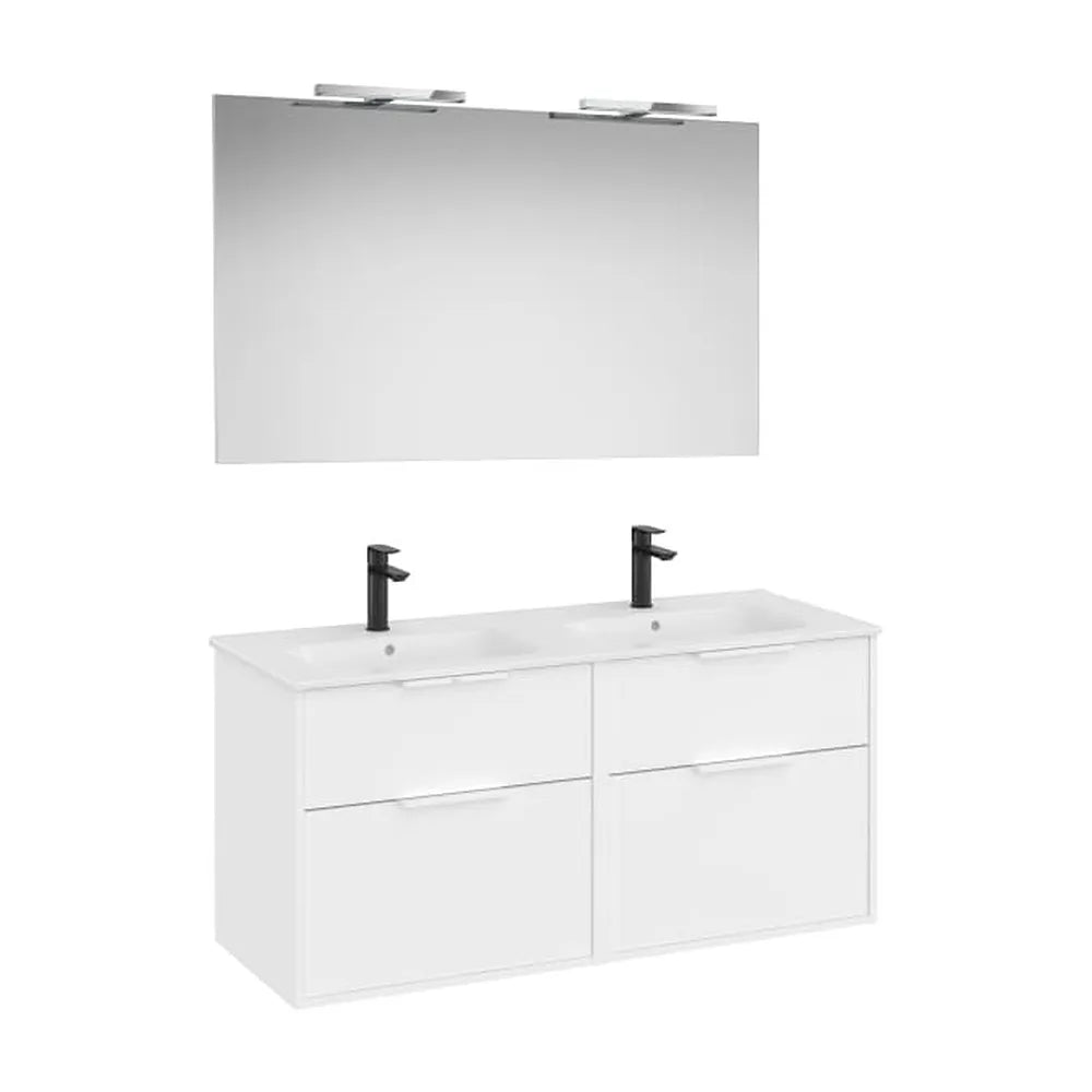 Pack mueble base cuatro cajones lavabo doble porcelana espejo led aplique Starlight Roca - Vista 1