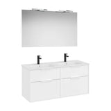 Pack mueble base cuatro cajones lavabo doble porcelana espejo led aplique Starlight Roca