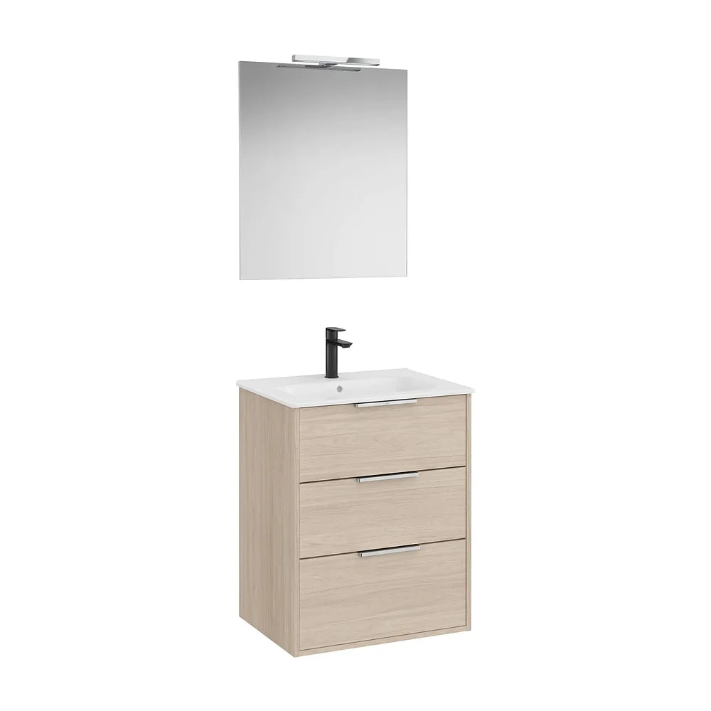 Pack mueble base compacto tres cajones lavabo porcelana espejo led 60x46x58 cm Roca - Vista 2