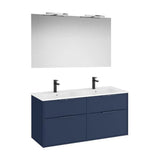 Pack mueble base cuatro cajones lavabo doble porcelana espejo led aplique Starlight Roca