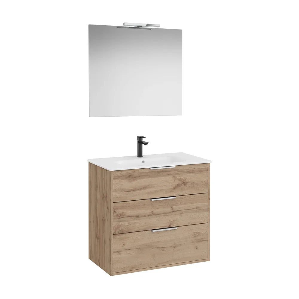 Pack mueble base compacto tres cajones lavabo porcelana espejo aplique led Starlight Roca - Vista 2