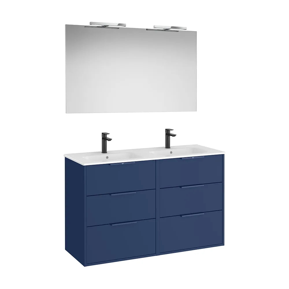 Pack mueble base compacto seis cajones lavabo doble porcelana espejo aplique led Roca - Vista 2