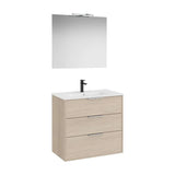 Pack mueble base compacto tres cajones lavabo porcelana espejo aplique led Roca