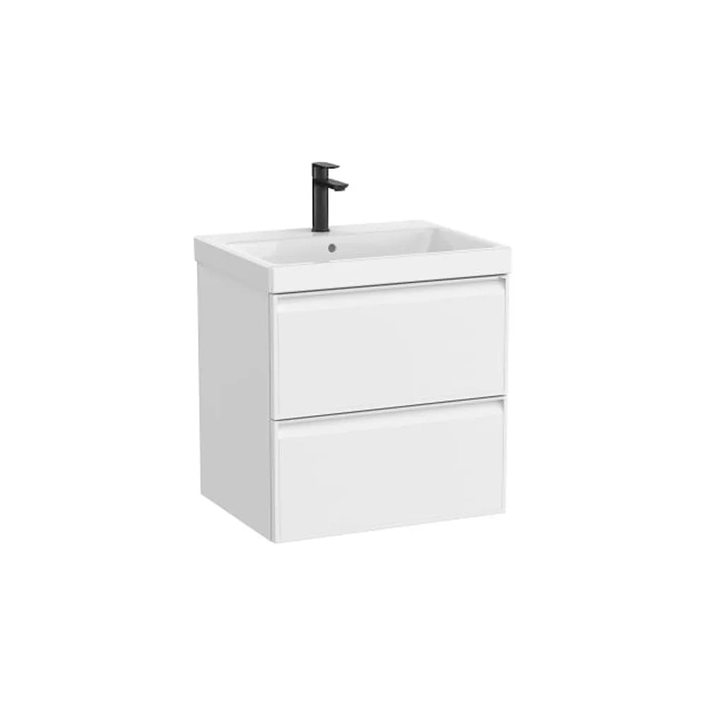 Mueble base suspendido con dos cajones y lavabo cuadrado Fineceramic blanco mate Roca - Vista 1