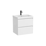 Mueble base suspendido con dos cajones y lavabo cuadrado Fineceramic blanco mate Roca