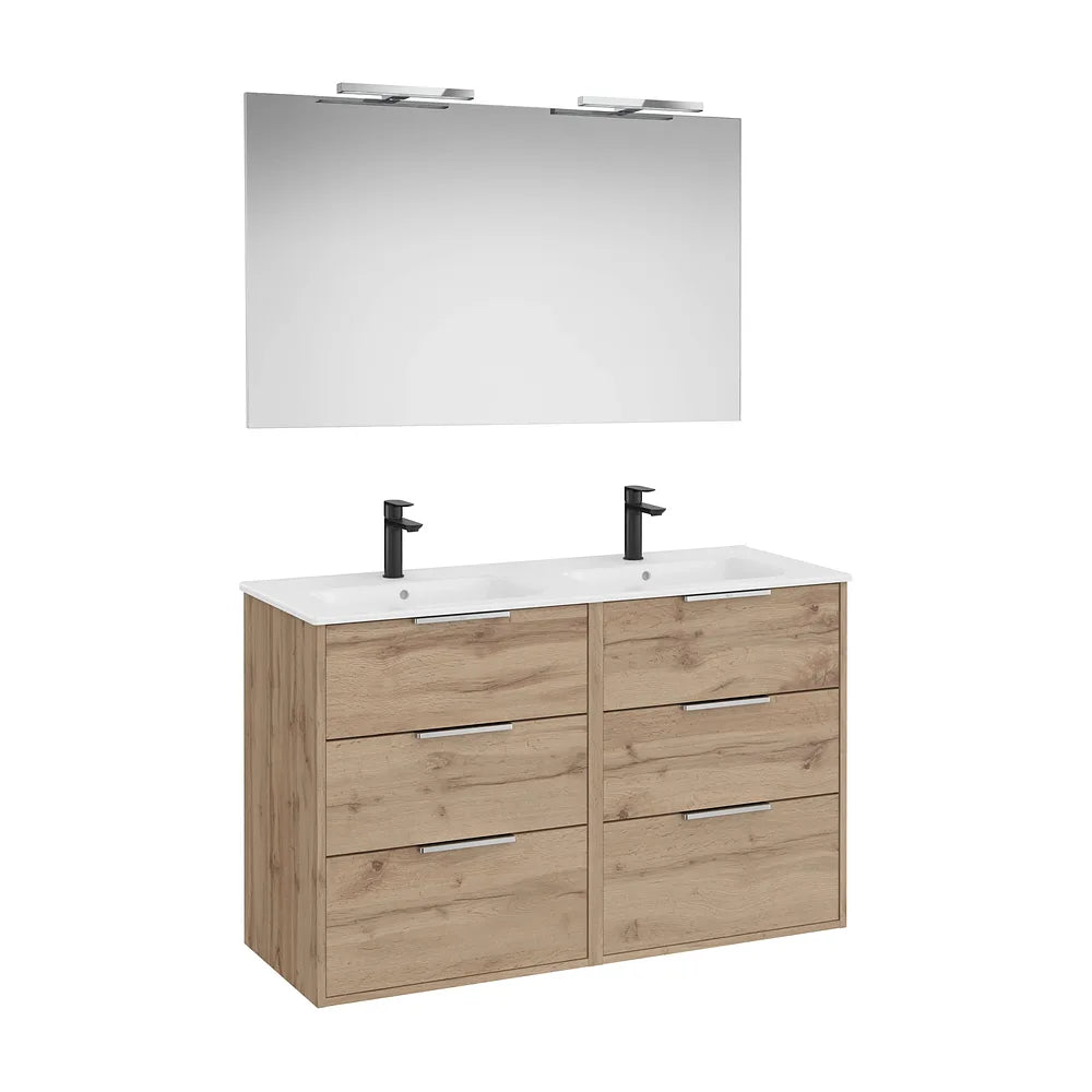 Pack mueble base compacto seis cajones lavabo doble porcelana espejo led Roca - Vista 2