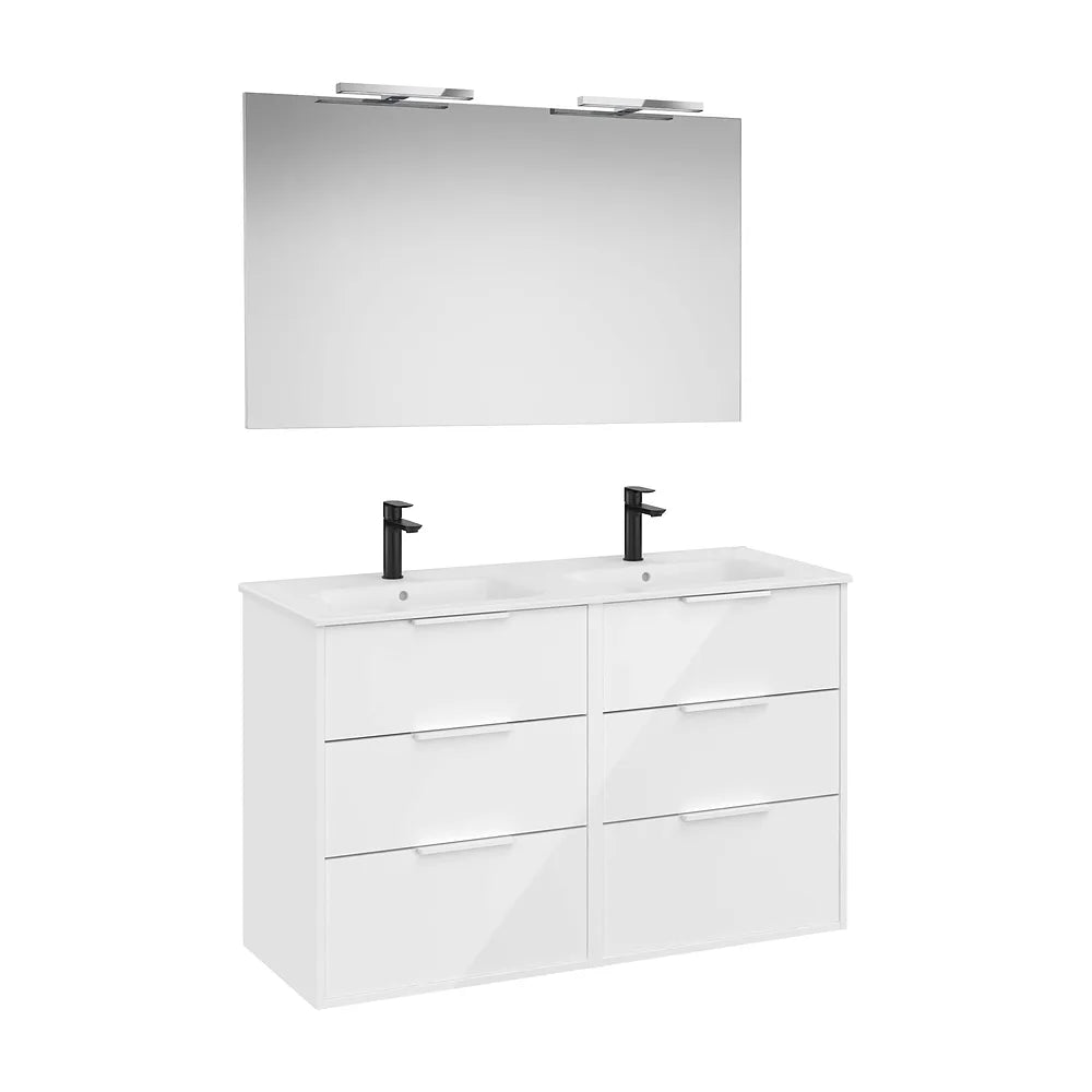 Pack mueble base compacto seis cajones lavabo doble porcelana espejo aplique led Roca - Vista 2