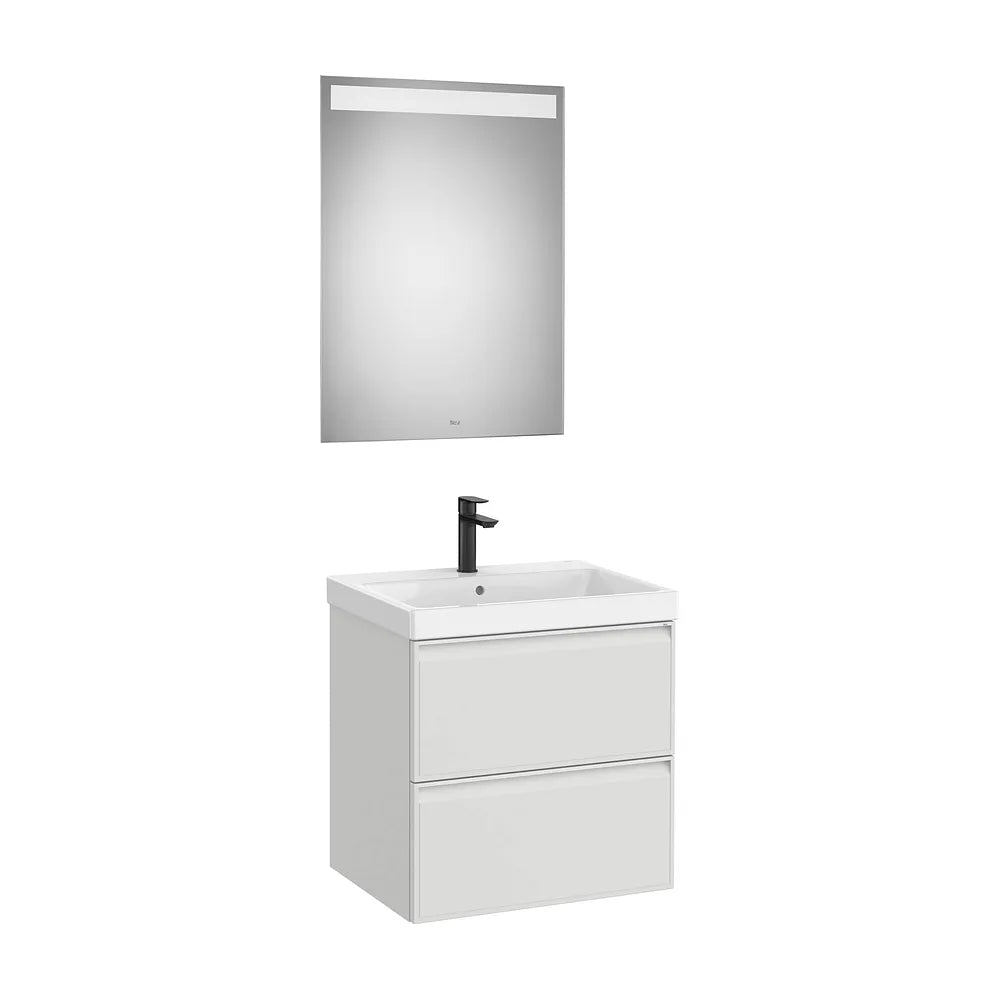 Pack mueble base dos cajones lavabo Fineceramic espejo LED Eidos 60x46x62 cm Roca - Vista 2