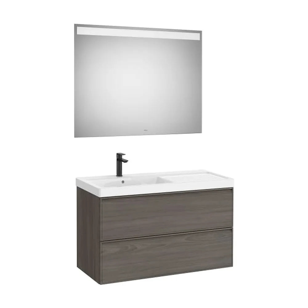 Pack mueble base dos cajones lavabo Fineceramic izquierda espejo LED 100x46x62 cm Roca - Vista 1