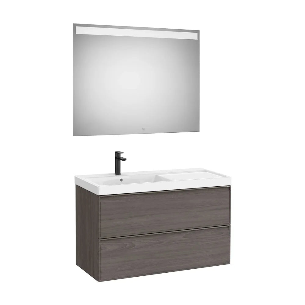 Pack mueble base dos cajones lavabo Fineceramic izquierda espejo LED 100x46x62 cm Roca - Vista 2