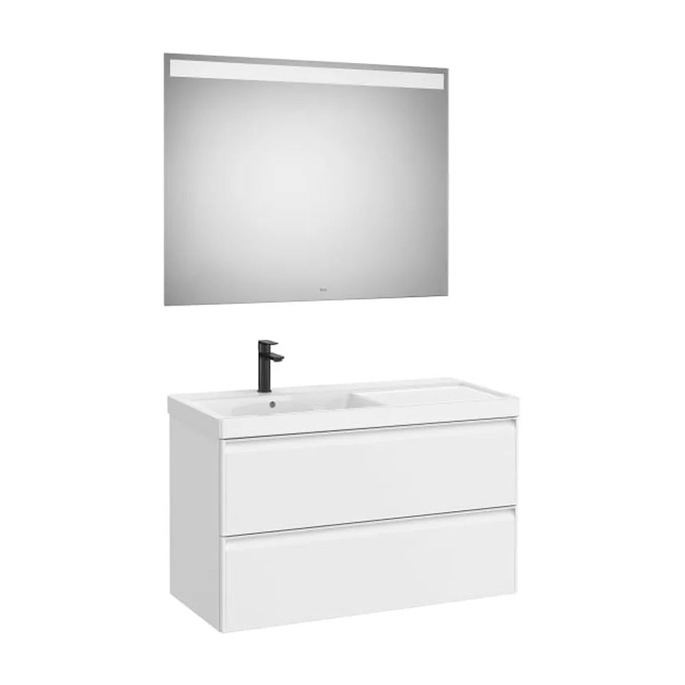 Pack mueble base dos cajones lavabo Fineceramic izquierda espejo LED 100x46x62 cm Roca - Vista 1