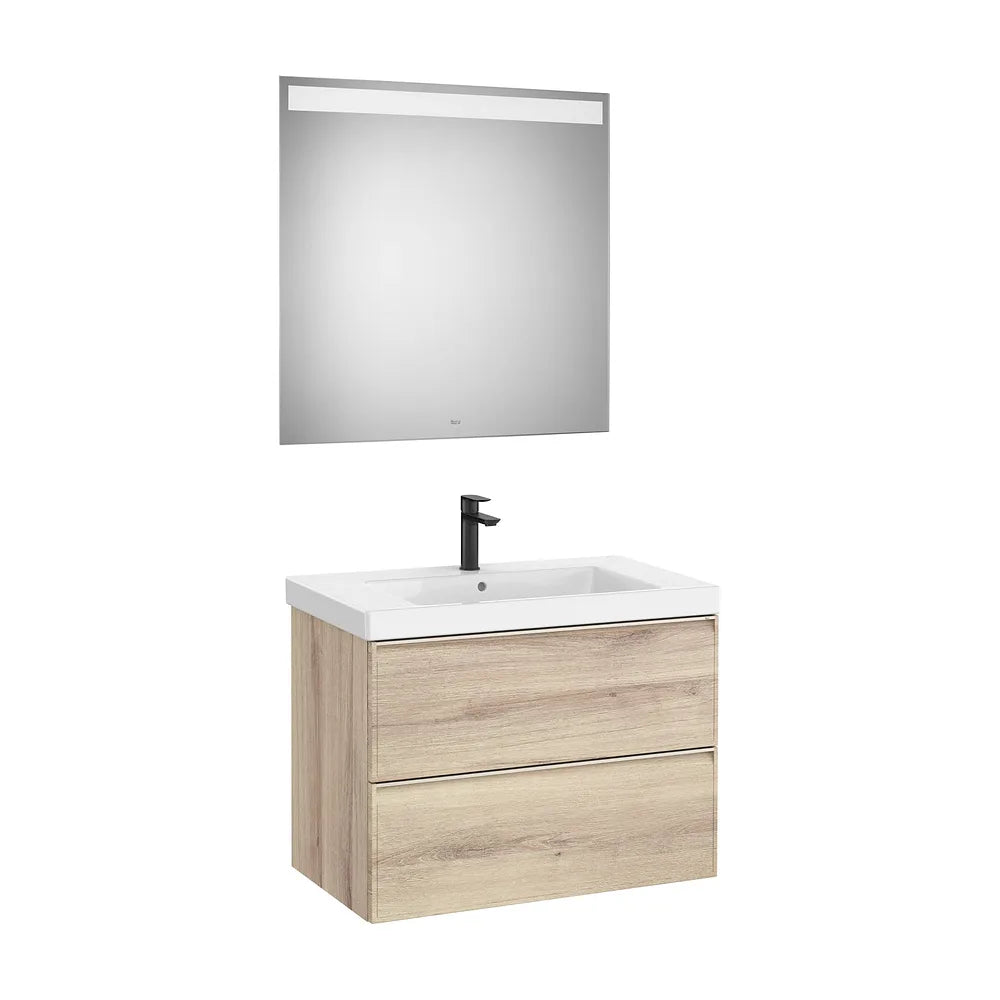 Pack mueble base dos cajones lavabo Fineceramic espejo LED Eidos 80x46x62 cm Roca - Vista 2