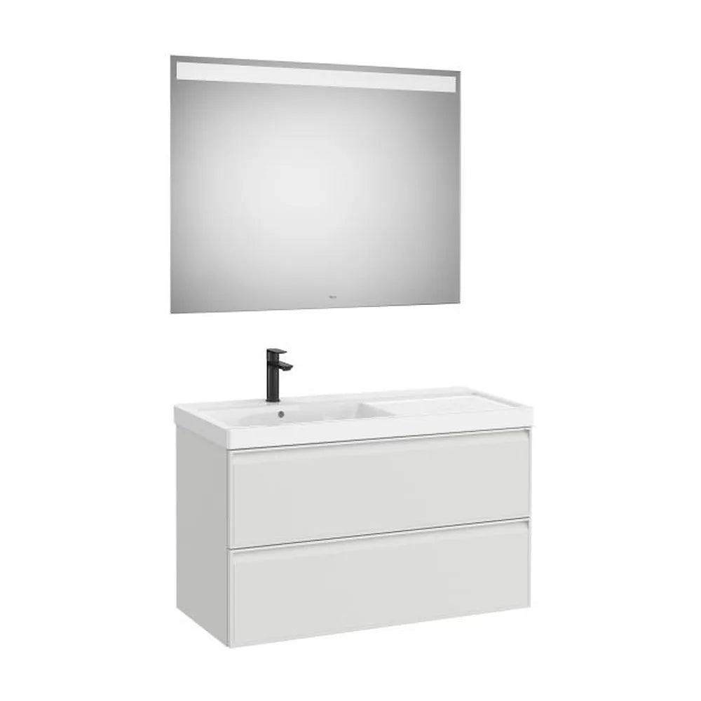 Pack mueble base dos cajones lavabo Fineceramic izquierda espejo LED 100x46x62 cm Roca - Vista 1