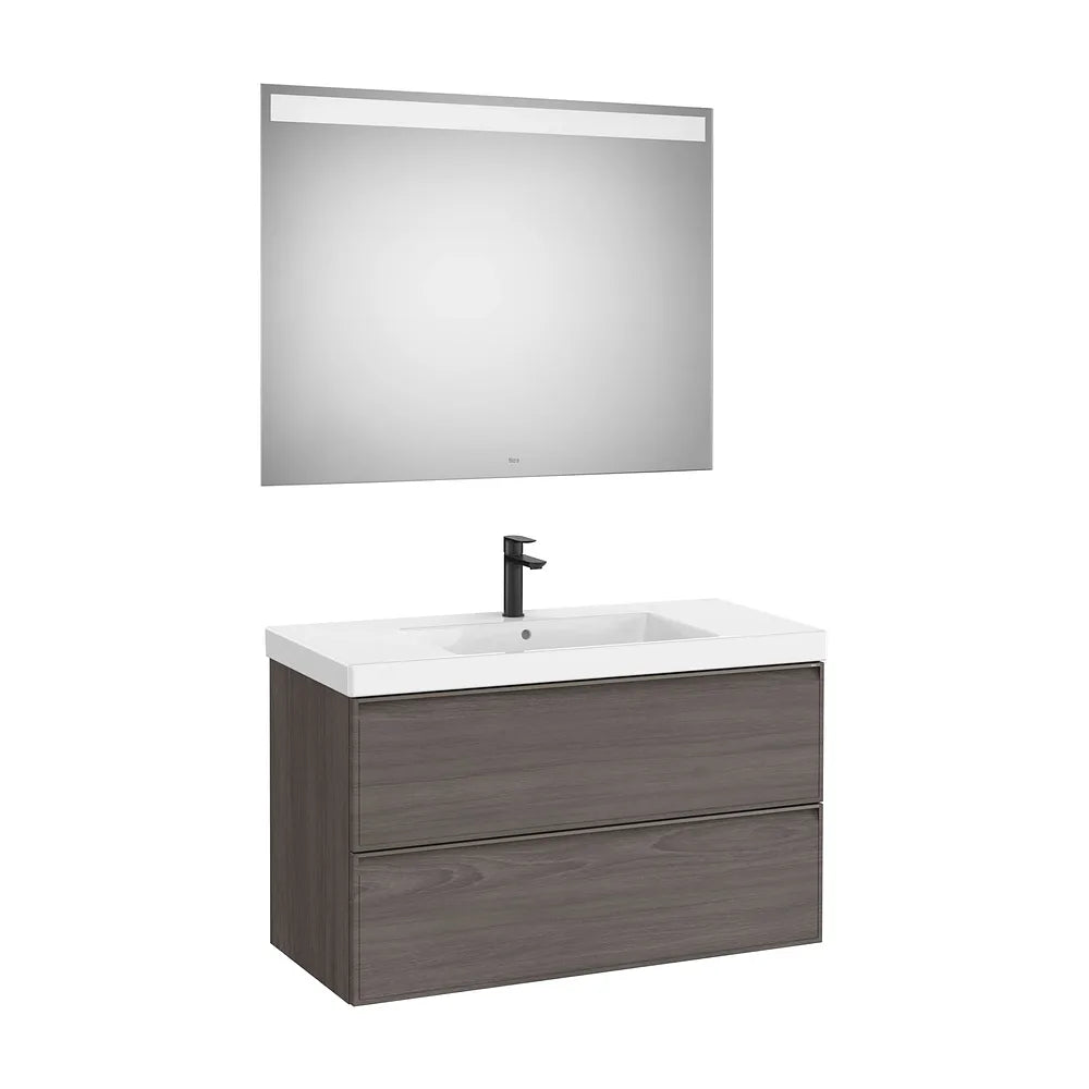 Pack mueble base dos cajones lavabo Fineceramic centrado espejo LED 100x46x62 cm Roca - Vista 2