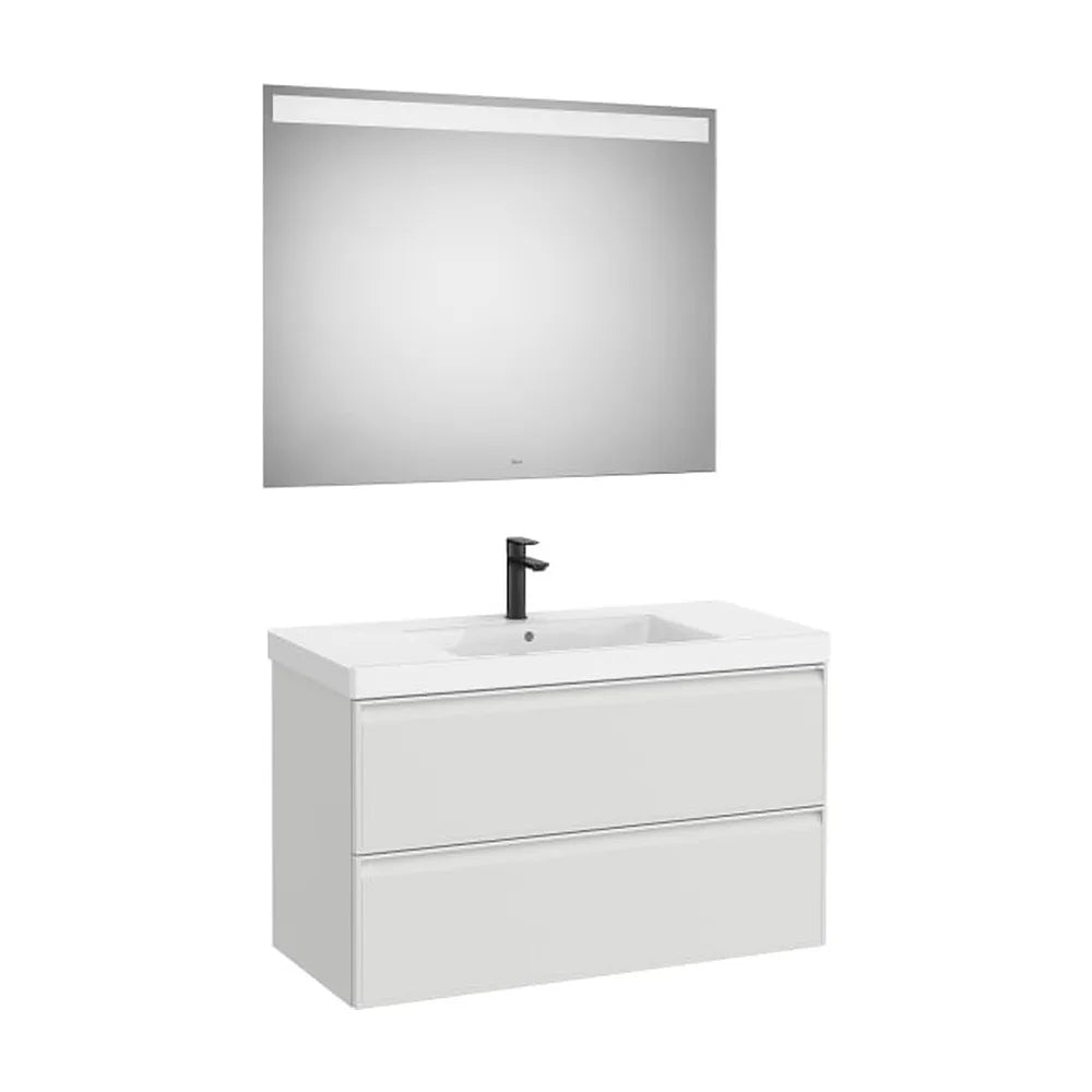 Pack mueble base dos cajones lavabo Fineceramic centrado espejo LED 100x46x62 cm Roca - Vista 1