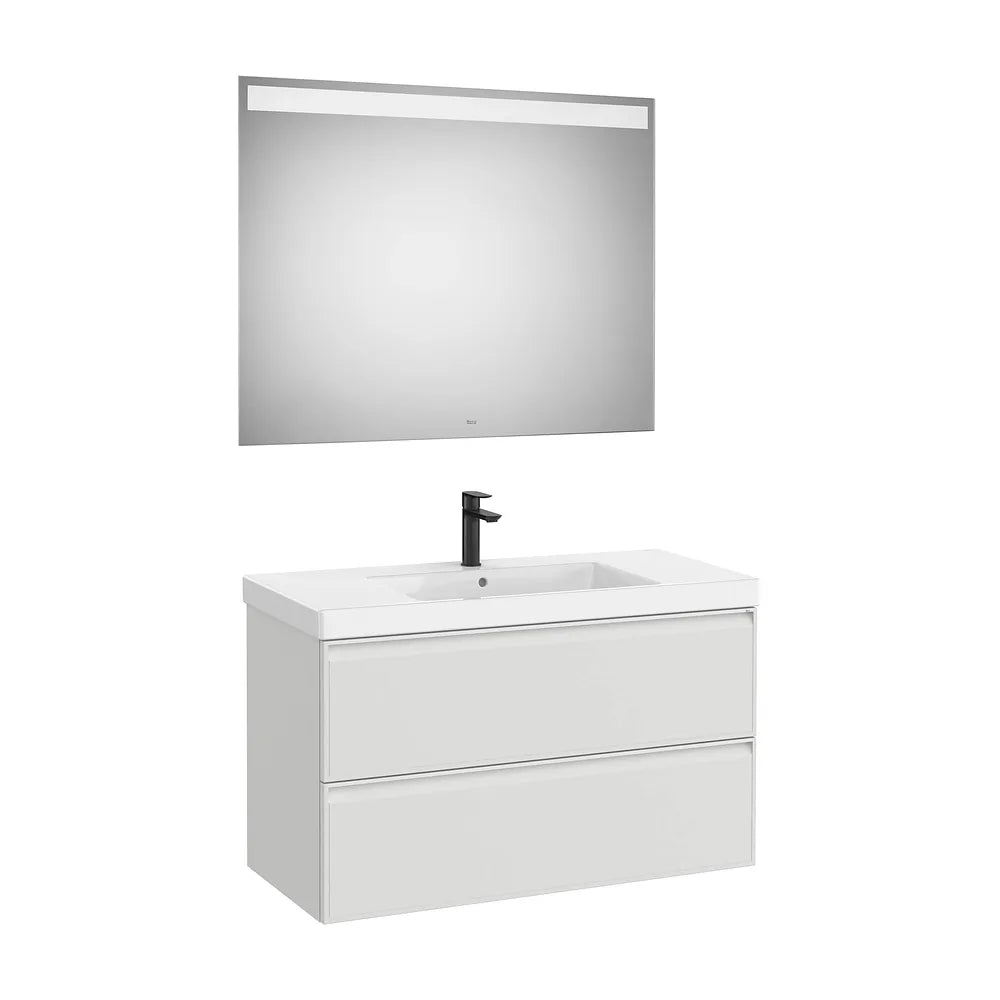 Pack mueble base dos cajones lavabo Fineceramic centrado espejo LED 100x46x62 cm Roca - Vista 2