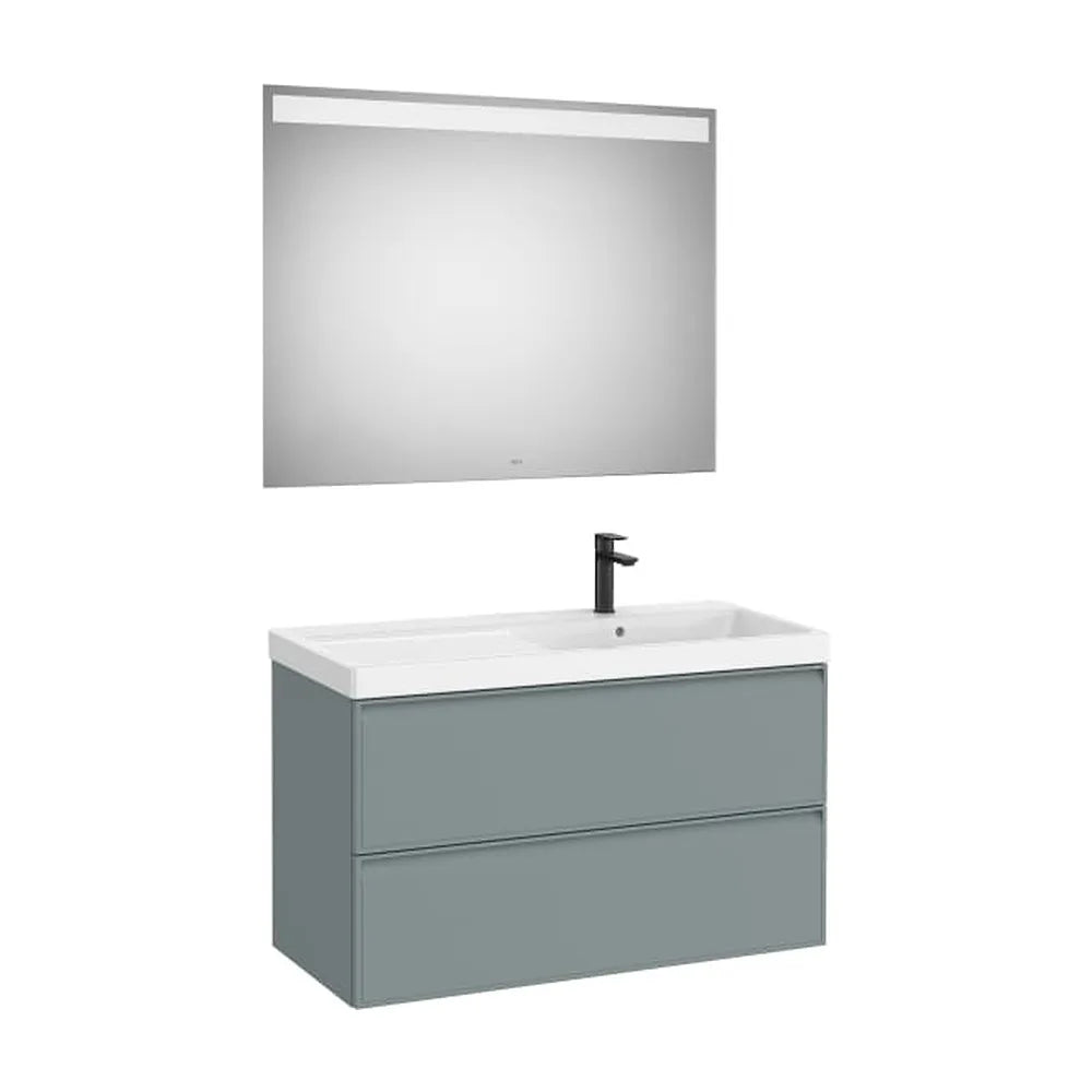 Pack mueble base dos cajones lavabo Fineceramic derecha espejo LED 100x46x62 cm Roca - Vista 1