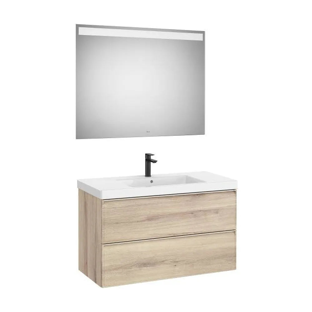 Pack mueble base dos cajones lavabo Fineceramic centrado espejo LED 100x46x62 cm Roca - Vista 1