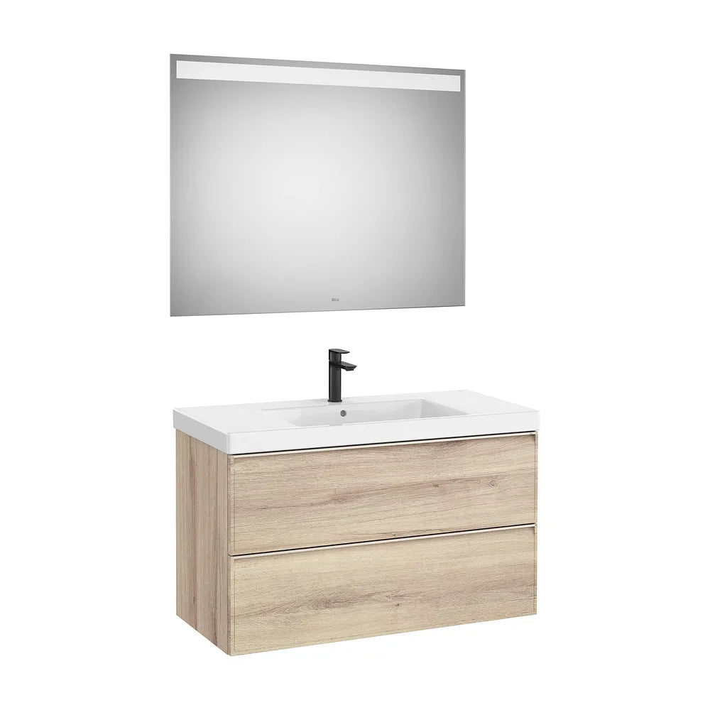 Pack mueble base dos cajones lavabo Fineceramic centrado espejo LED 100x46x62 cm Roca - Vista 2