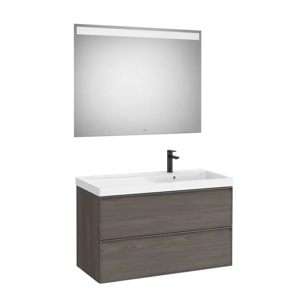 Pack mueble base dos cajones lavabo Fineceramic derecha espejo LED 100x46x62 cm Roca - Vista 1