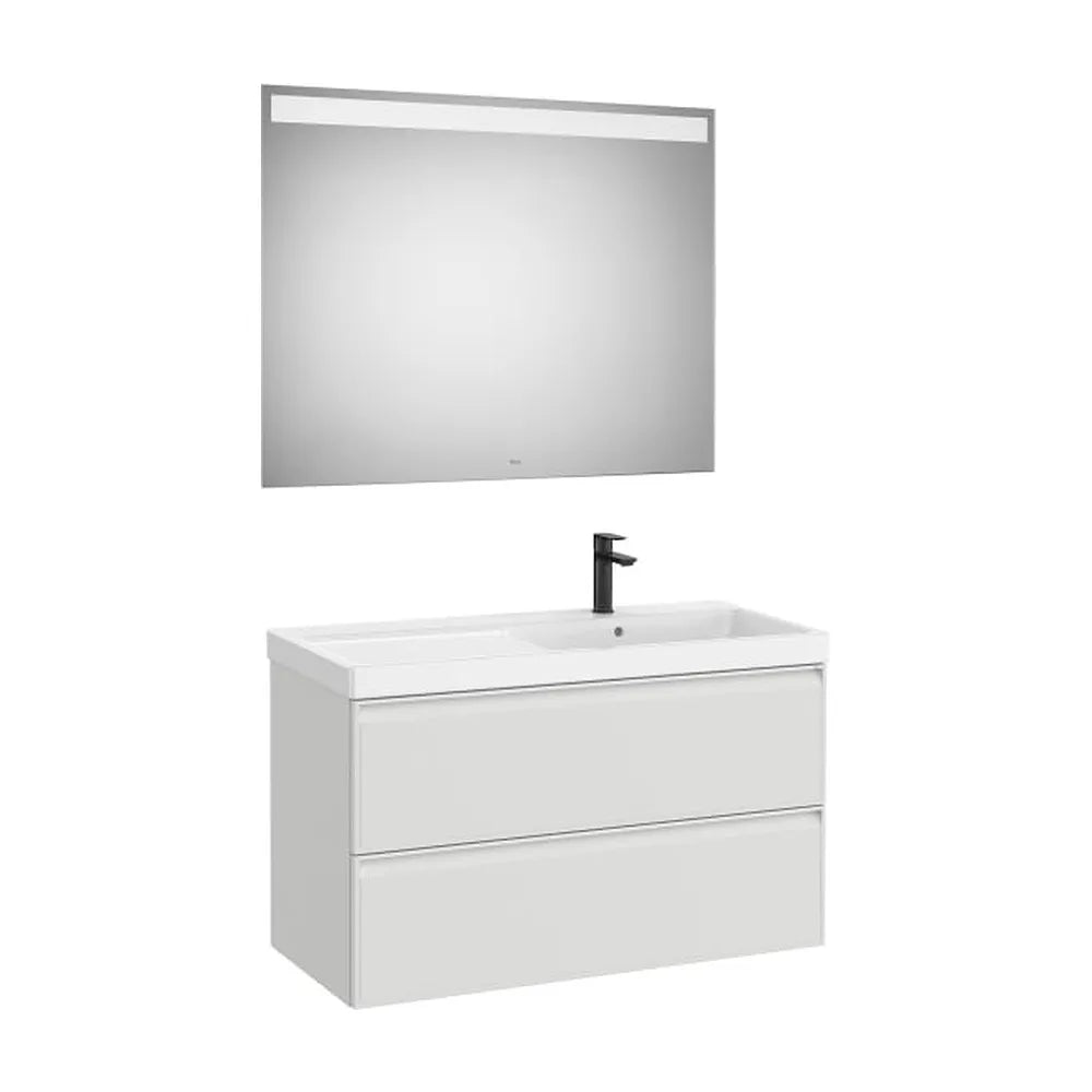 Pack mueble base dos cajones lavabo Fineceramic derecha espejo LED 100x46x62 cm Roca - Vista 1