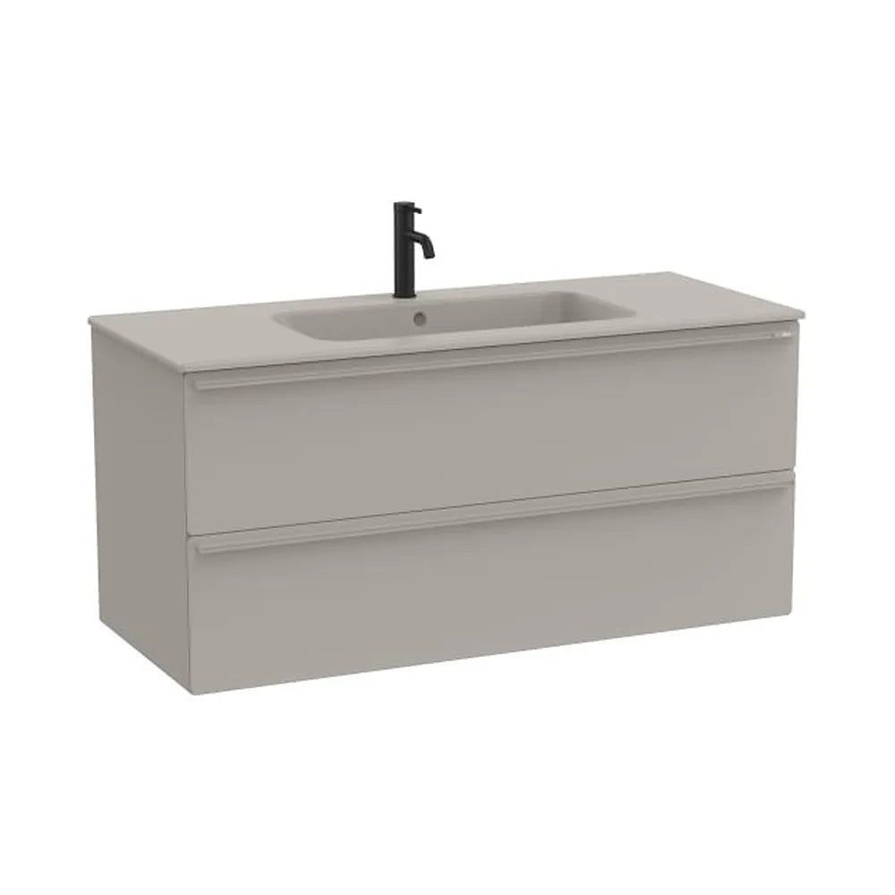 Mueble base suspendido dos cajones lavabo porcelana gris arena 121x51x56 cm Roca - Vista 1